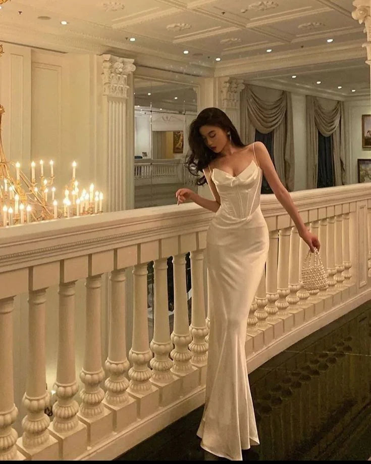 Wholesale Sexy Mermaid Spaghetti Straps White Satin Long Prom Dress Evening Dresses gowns evening dresses